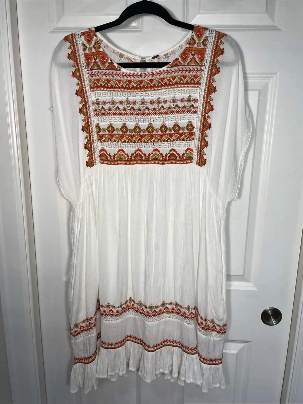 Free People Sunrise Wanderer Mini Dress Large Multi Embroidery Ruffle Crinkle